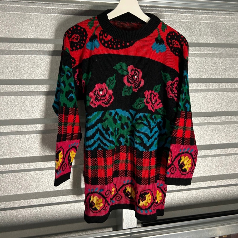 VINTAGE Knit Sweater Womens Multicolor Floral Leopard Plaid Maximalist Eclectic